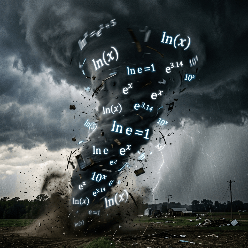Tornado surrounded by glowing equations including ln(x), e^x, and e=1